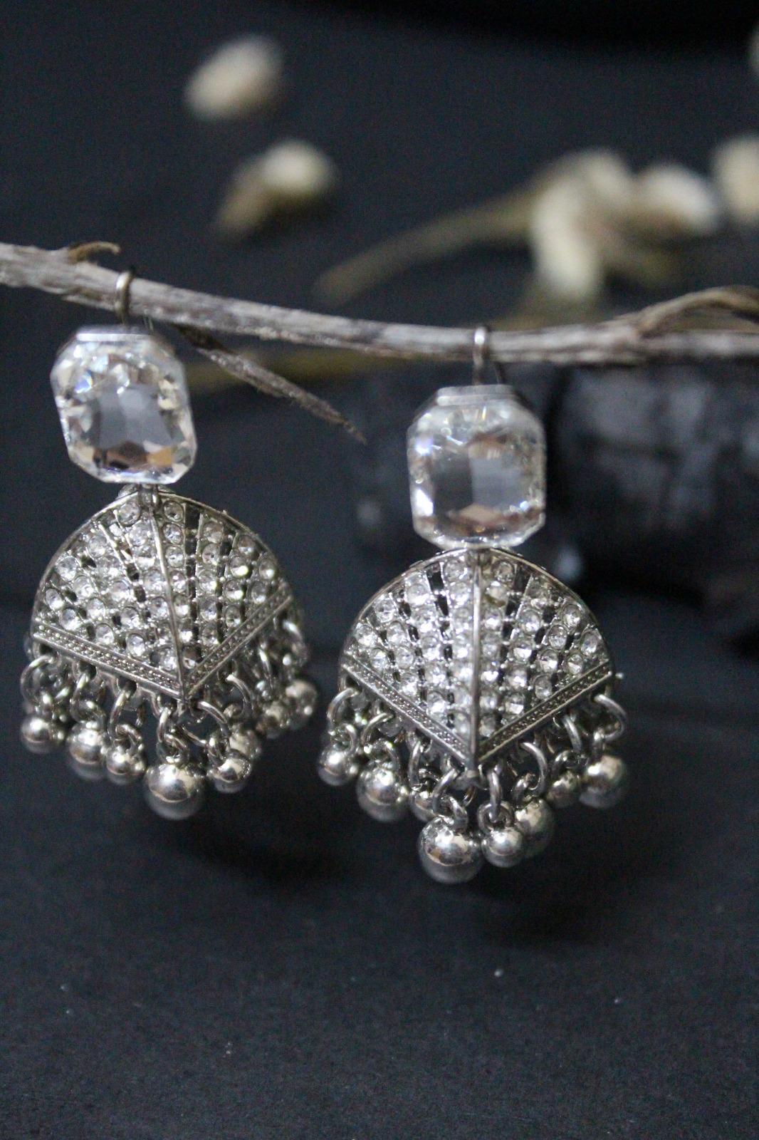 Crystal Crown Silver Jhumkay
