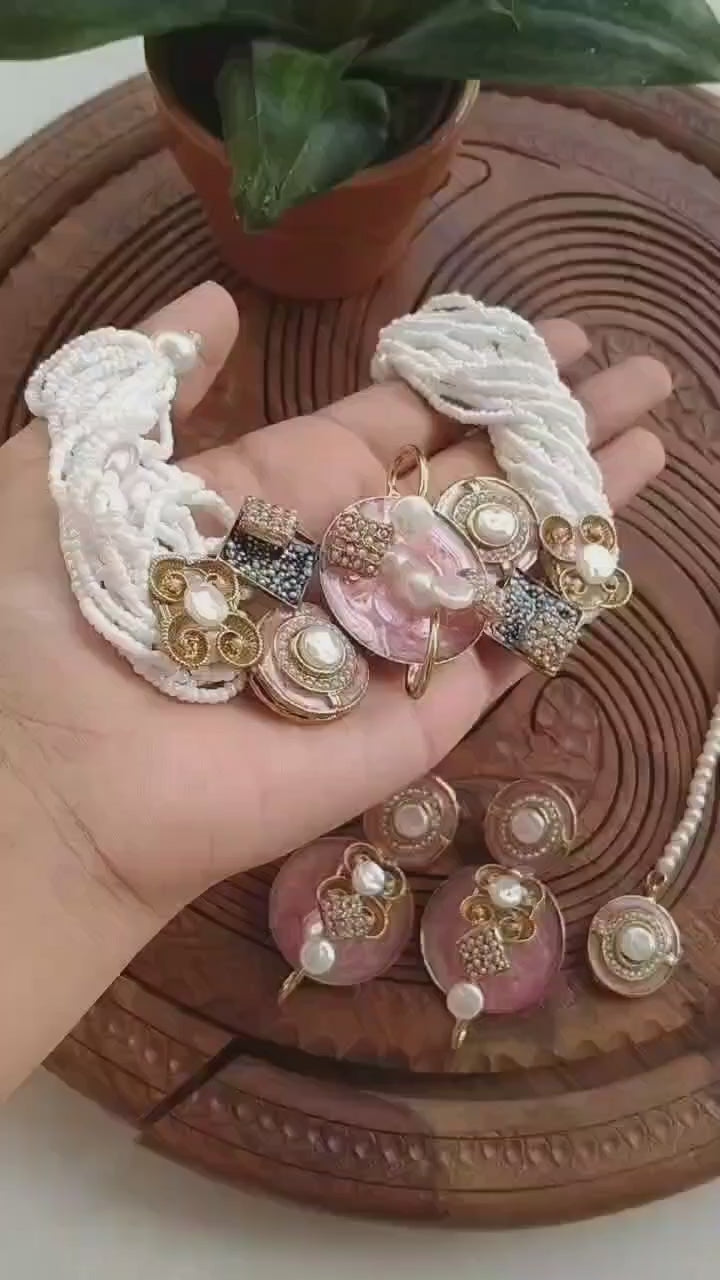 Handmade Meenakari Choker Set (Mother Pearl & Teeka)