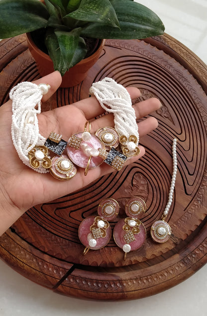 Handmade Meenakari Choker Set (Mother Pearl & Teeka)