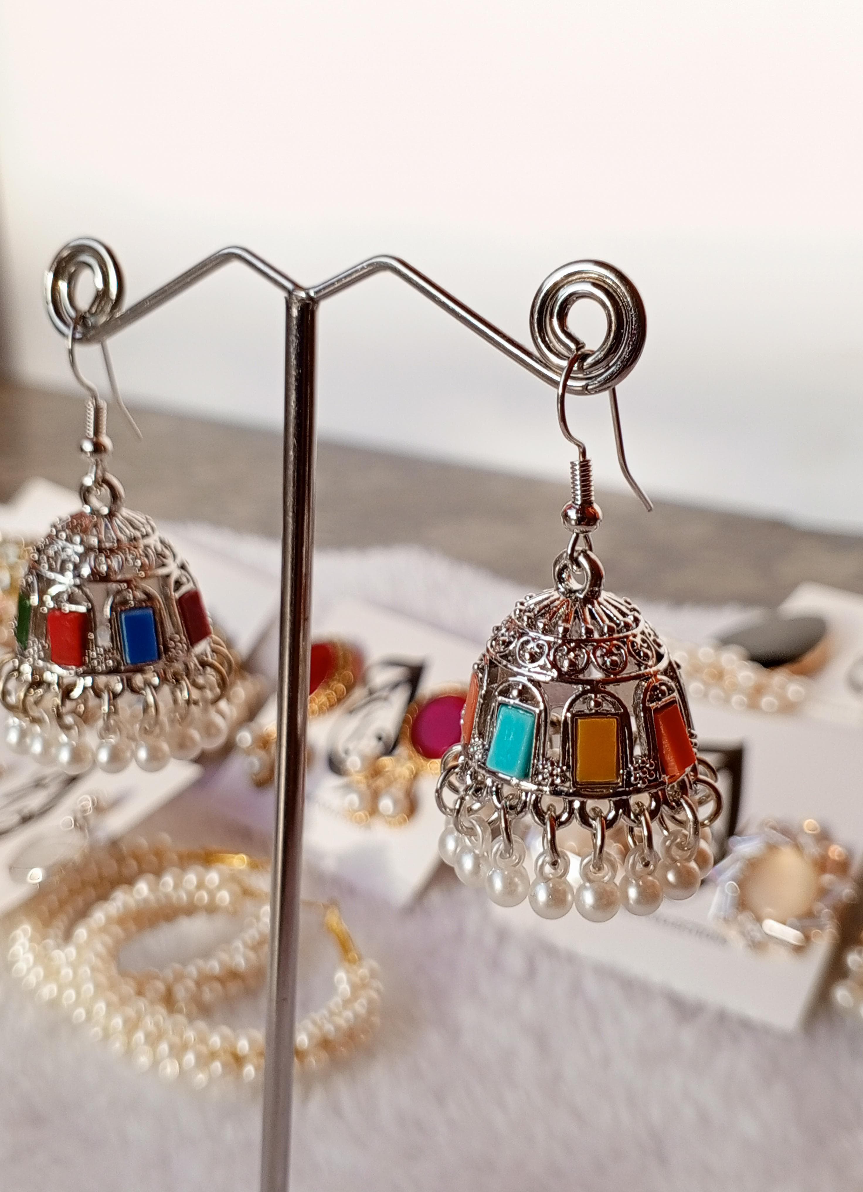 Silver-Toned Jhumki Earrings with Multicolor Accents – ARWAAH COLLECTIONS
