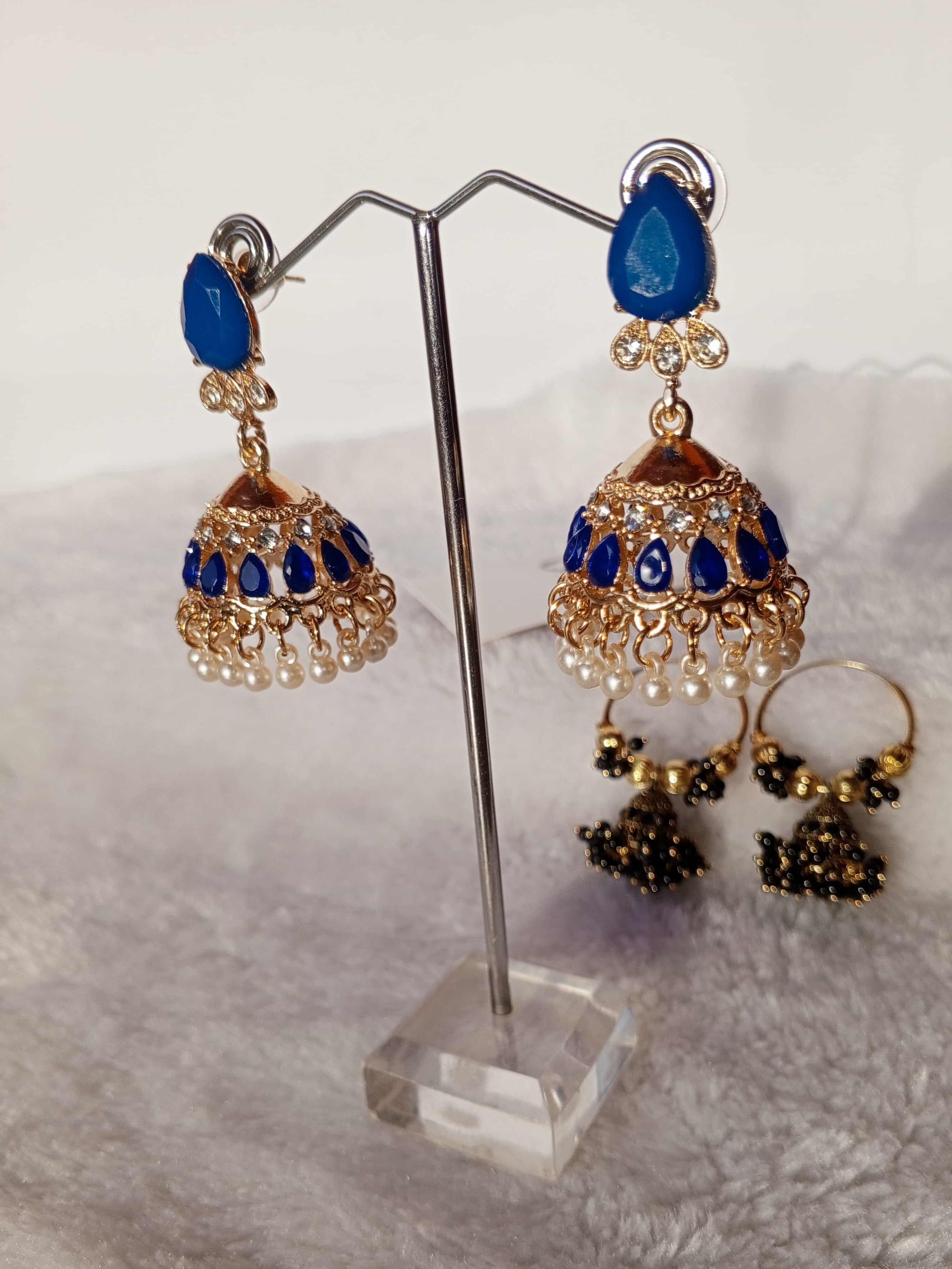 Royal Blue Stone Jhumkay with Pearl Drops