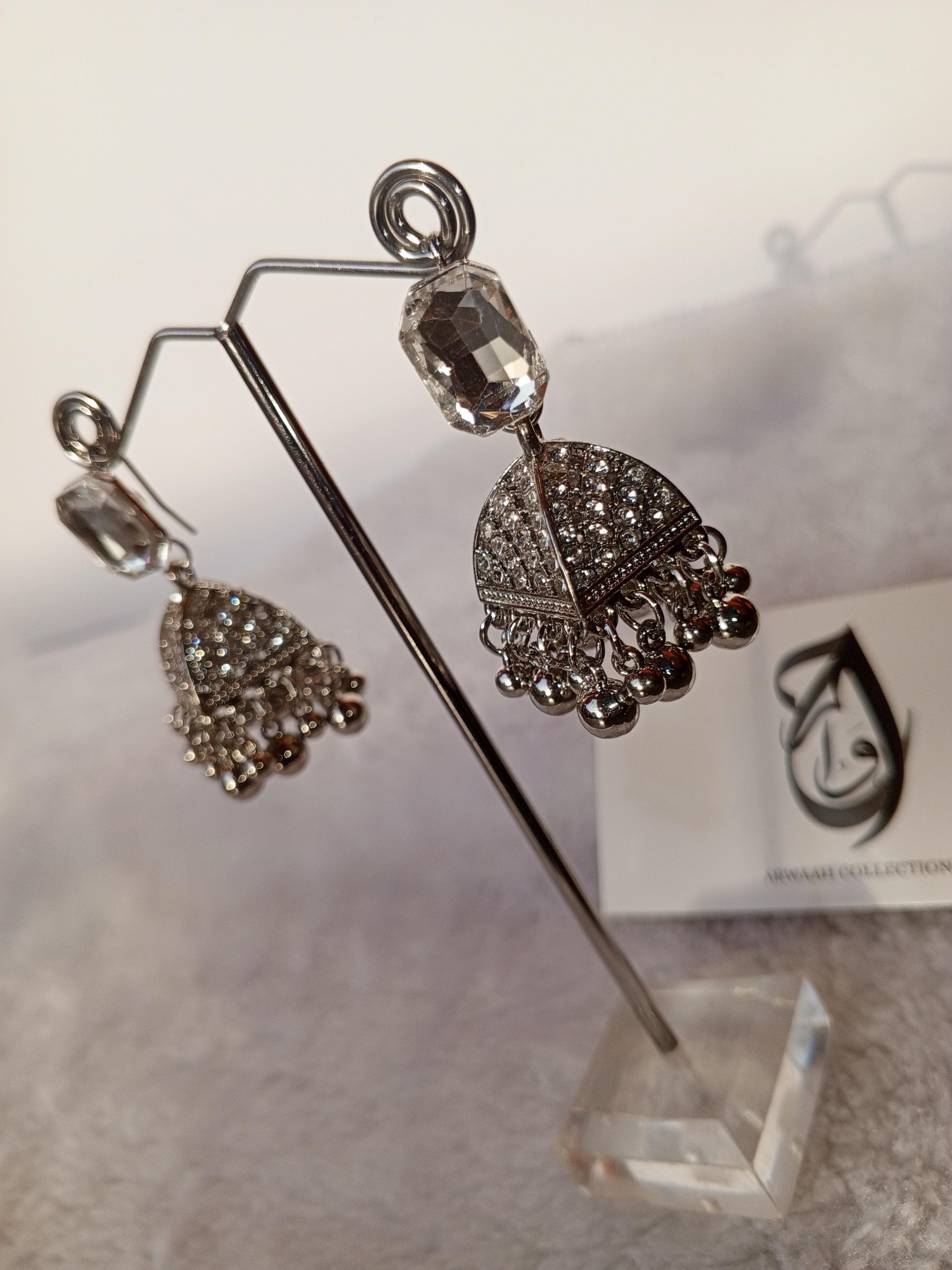 Crystal Crown Silver Jhumkay
