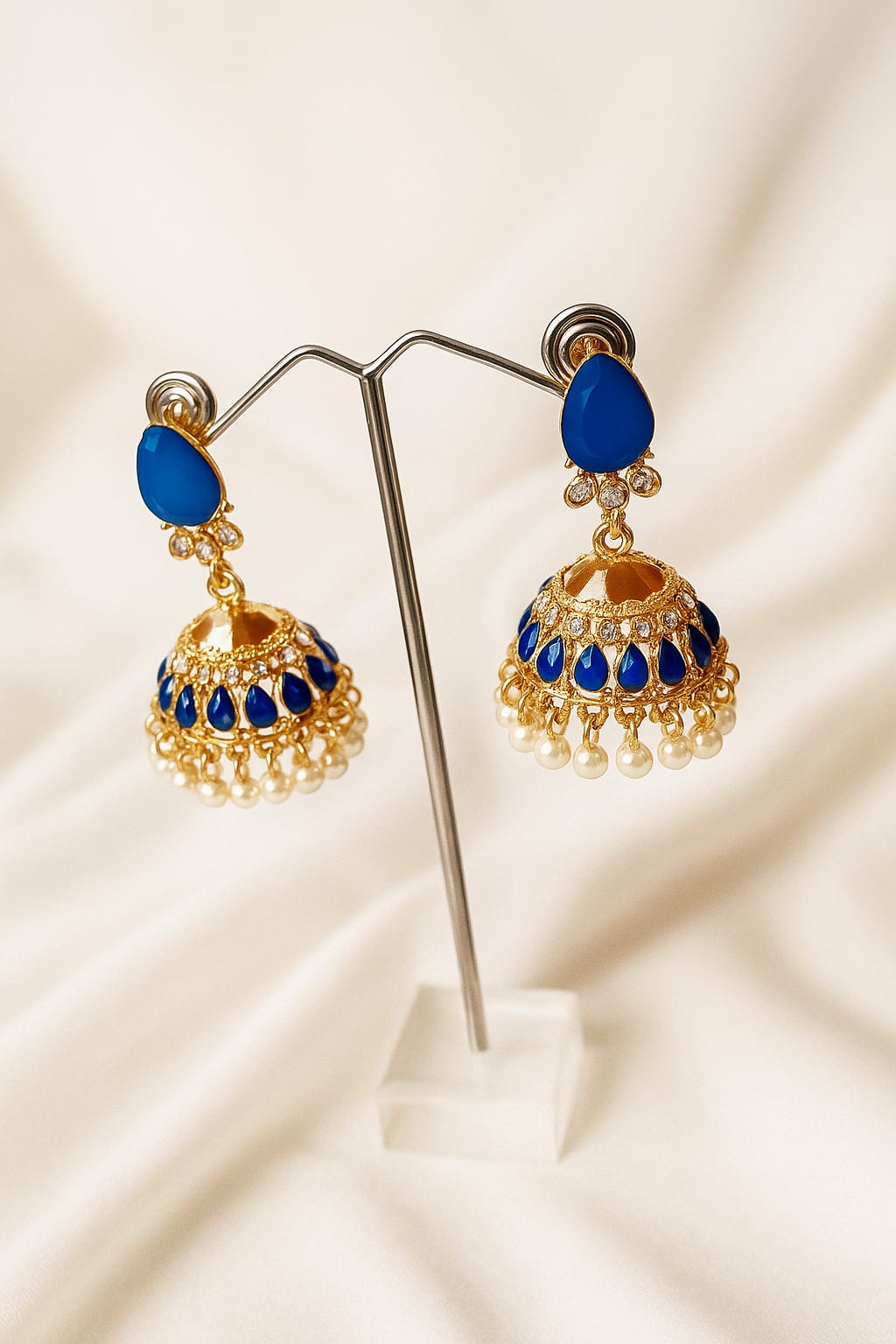 Royal Blue Stone Jhumkay with Pearl Drops
