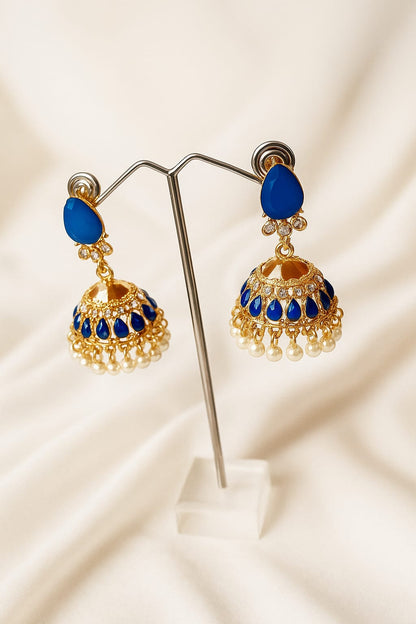 Royal Blue Stone Jhumkay with Pearl Drops