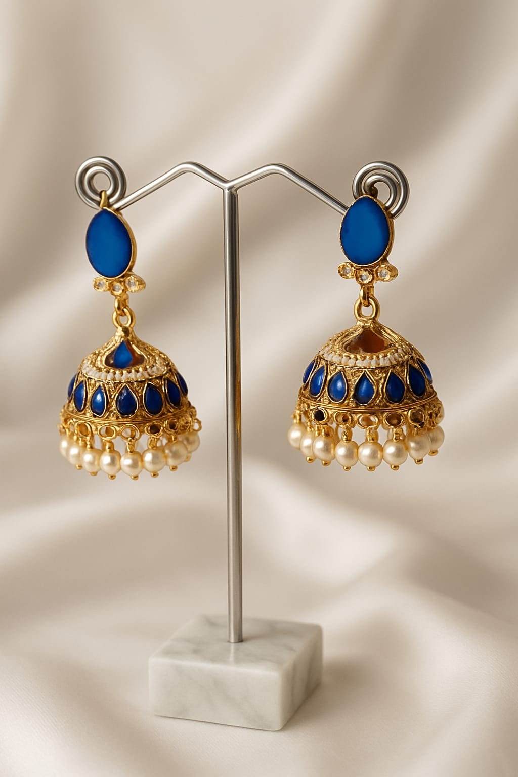 Royal Blue Stone Jhumkay with Pearl Drops