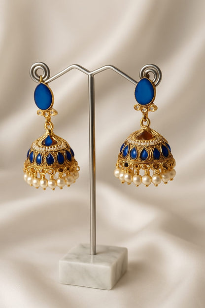 Royal Blue Stone Jhumkay with Pearl Drops