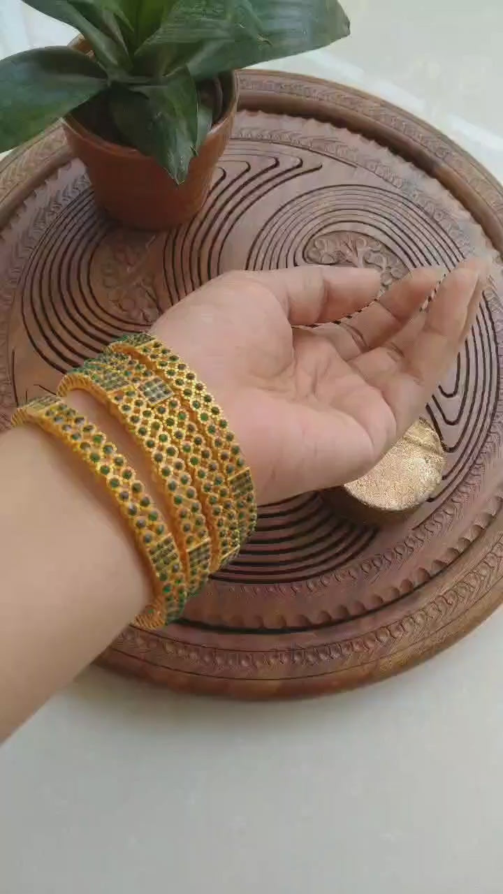 Load video: Elegant Golden &amp; Green Bangles (4-Piece)