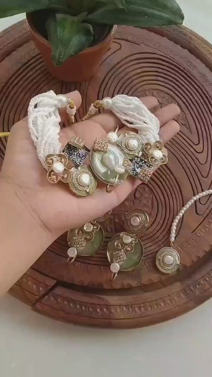 Load video: Handmade Turkish Meenakari Choker Set with Mother of Pearl &amp; Teeka